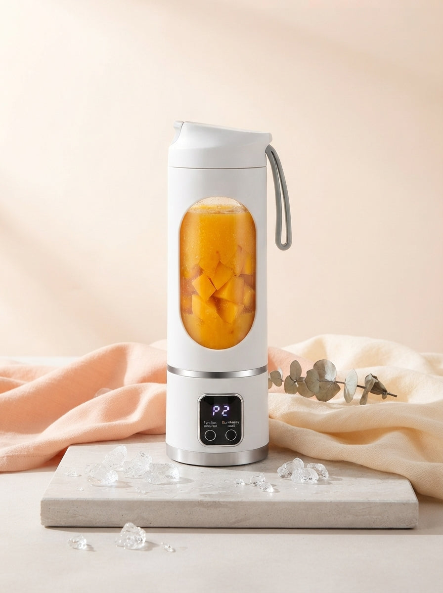 A sleek portable digital blender with a fruit smoothie and crushed ice, set on a stone surface with soft cream and peach deco