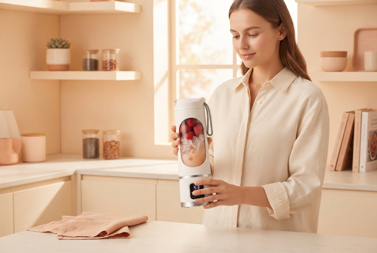 A woman using a portable digital blender to make a smoothie in a bright, modern kitchen with soft-toned interior decor.