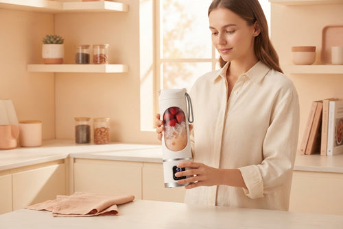 A woman using a portable digital blender to make a smoothie in a bright, modern kitchen with soft-toned interior decor.
