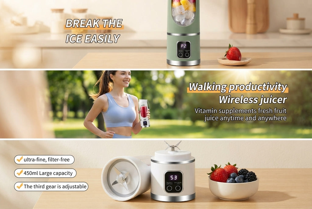 A young woman holding a portable digital juice blender in a bright, minimalist apartment with warm cream and peach accents.