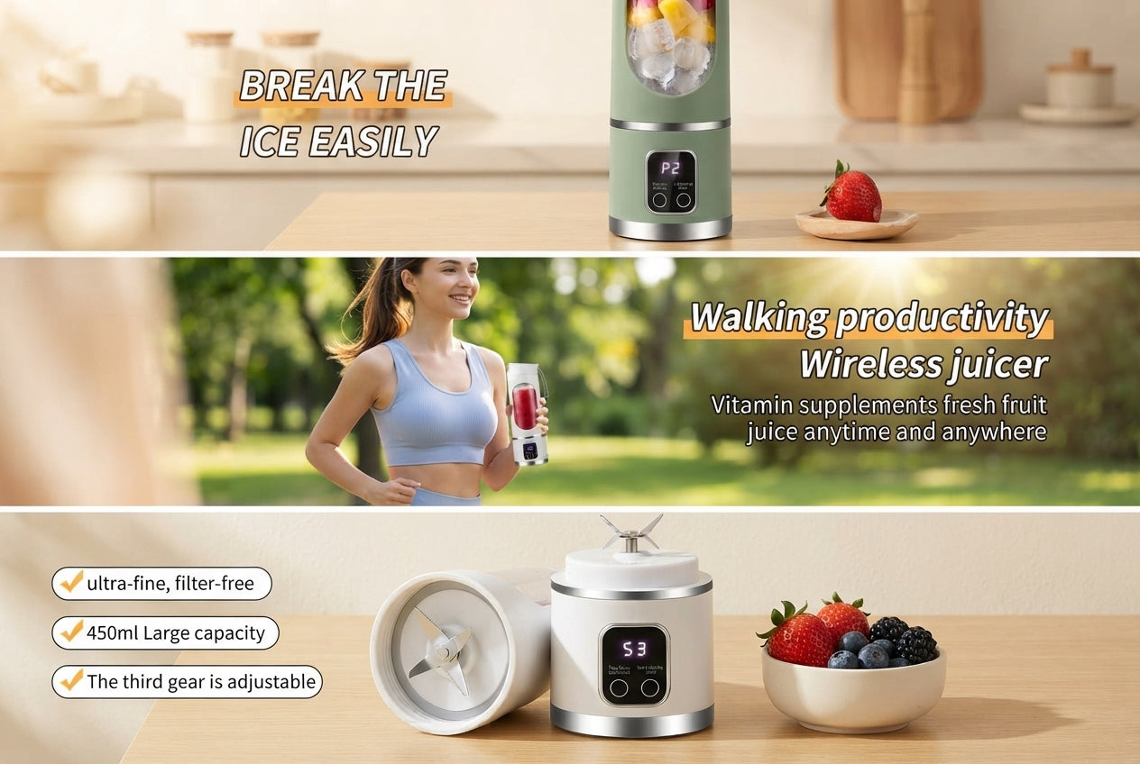 A young woman holding a portable digital juice blender in a bright, minimalist apartment with warm cream and peach accents.